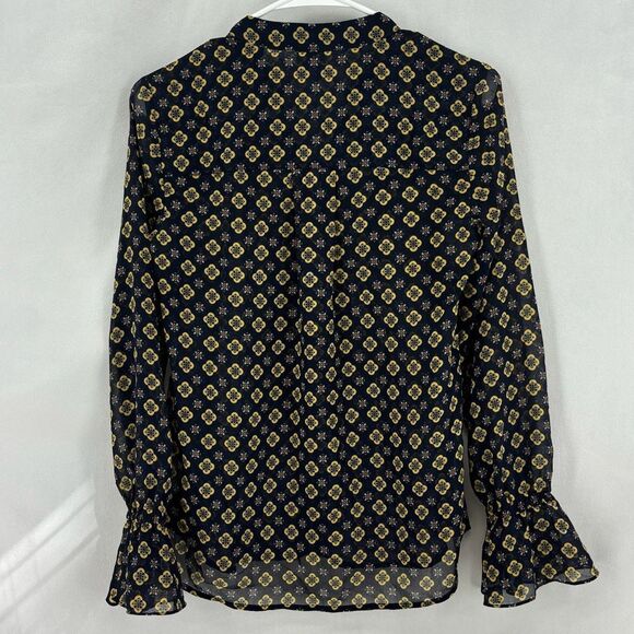 Cabi Sheer Navy Gold Geometric Print Button Front Long Sleeve Blouse XS - Picture 4 of 11